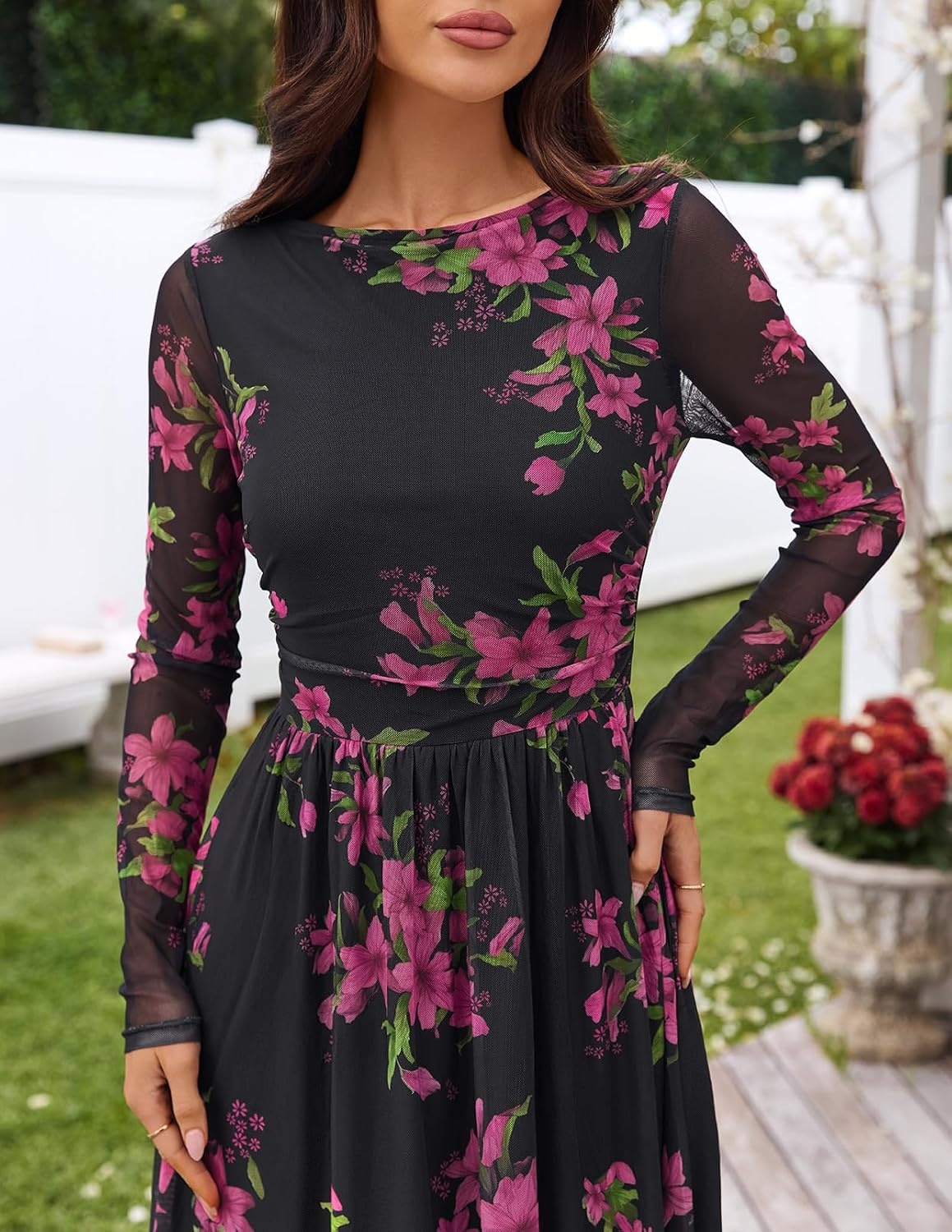 image:imageMEROKEETY Womens Fall Wedding Guest Cocktail Long Sleeve Floral Maxi Dress 2026 Winter Crewneck High Waist A Line Flowy Pleated Lined Party Baby Shower Elegant Formal Long Dress with PocketsBlack
