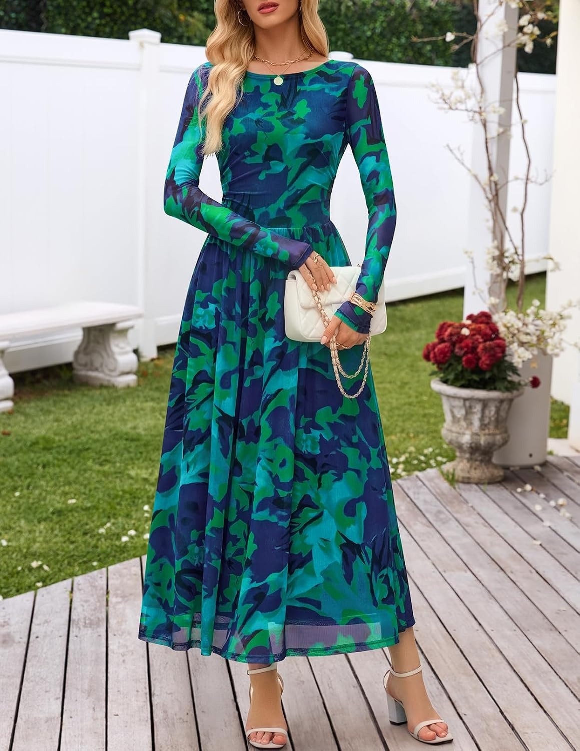 image:imageMEROKEETY Womens Fall Wedding Guest Cocktail Long Sleeve Floral Maxi Dress 2026 Winter Crewneck High Waist A Line Flowy Pleated Lined Party Baby Shower Elegant Formal Long Dress with PocketsGreen