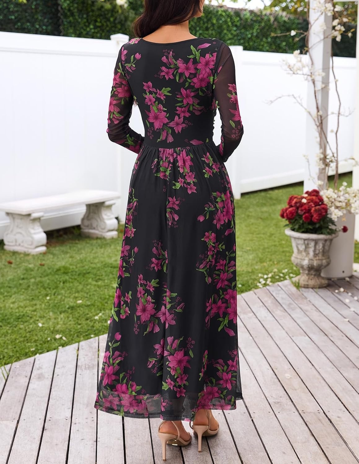 image:imageMEROKEETY Womens Fall Wedding Guest Cocktail Long Sleeve Floral Maxi Dress 2026 Winter Crewneck High Waist A Line Flowy Pleated Lined Party Baby Shower Elegant Formal Long Dress with PocketsBlack