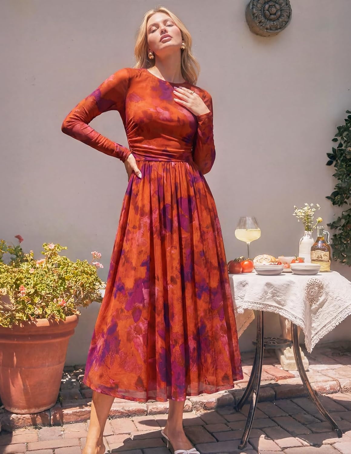 image:imageMEROKEETY Womens Fall Wedding Guest Cocktail Long Sleeve Floral Maxi Dress 2026 Winter Crewneck High Waist A Line Flowy Pleated Lined Party Baby Shower Elegant Formal Long Dress with PocketsRed
