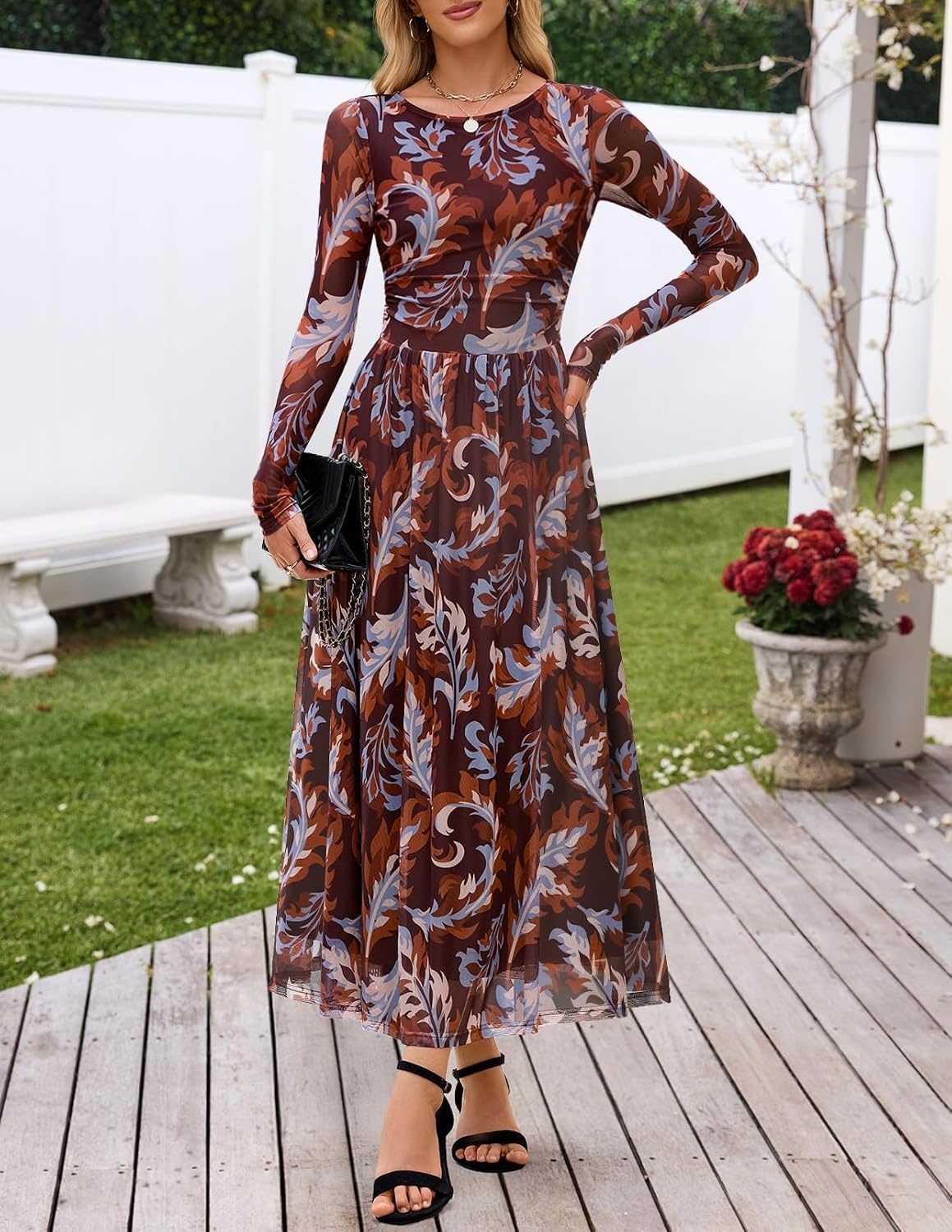 image:imageMEROKEETY Womens Fall Wedding Guest Cocktail Long Sleeve Floral Maxi Dress 2026 Winter Crewneck High Waist A Line Flowy Pleated Lined Party Baby Shower Elegant Formal Long Dress with PocketsBrown