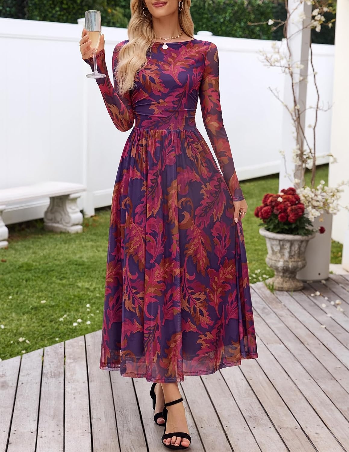 image:imageMEROKEETY Womens Fall Wedding Guest Cocktail Long Sleeve Floral Maxi Dress 2026 Winter Crewneck High Waist A Line Flowy Pleated Lined Party Baby Shower Elegant Formal Long Dress with PocketsPlum