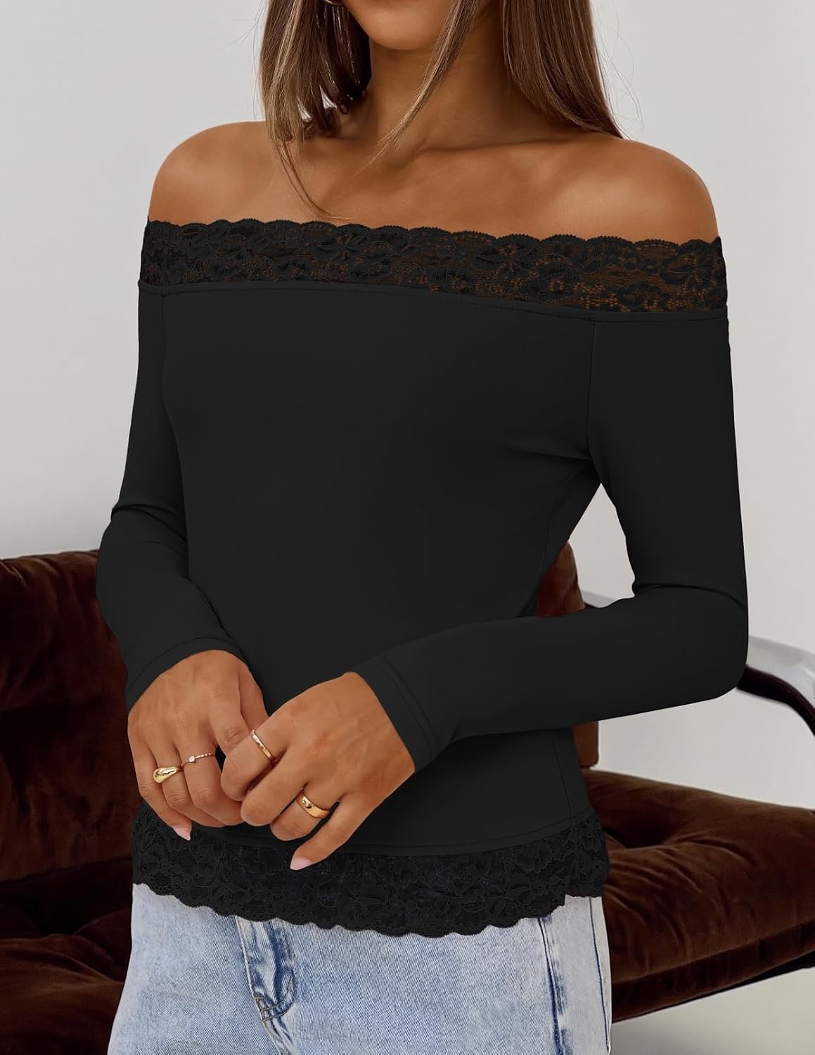 image:imageMEROKEETY Womens Off The Shoulder Long Sleeve Lace Tops 2026 Fall Fashion Shirt Slim Fit Cute Going Out Y2K Blouses Floral Lace Tops Solid Color Lightweight Knit TeeBlack