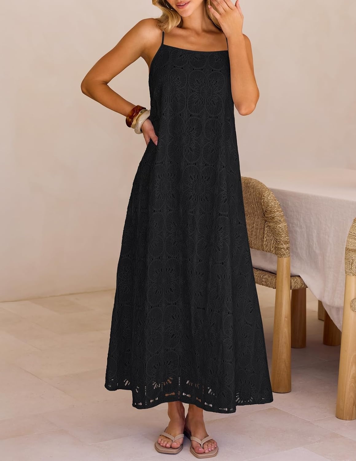 image:imageMEROKEETY Womens Summer Maxi Dress Boho Spaghetti Straps Sundress Sleeveless Casual Floral Lace Eyelet Fully Lined Flowy A Line Cute Trendy Long Dress for Beach Vacation TravelBlack