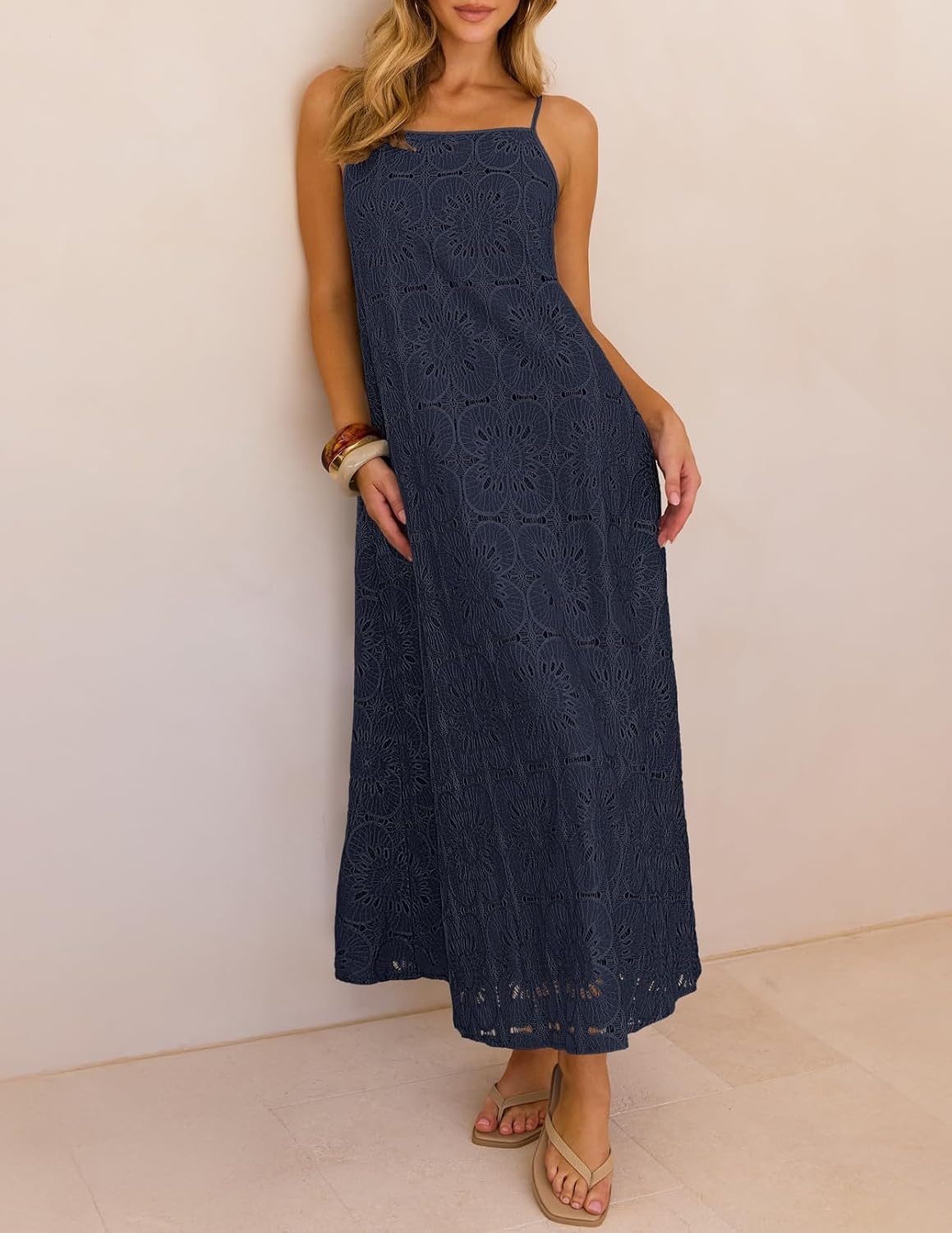 image:imageMEROKEETY Womens Summer Maxi Dress Boho Spaghetti Straps Sundress Sleeveless Casual Floral Lace Eyelet Fully Lined Flowy A Line Cute Trendy Long Dress for Beach Vacation TravelNavy