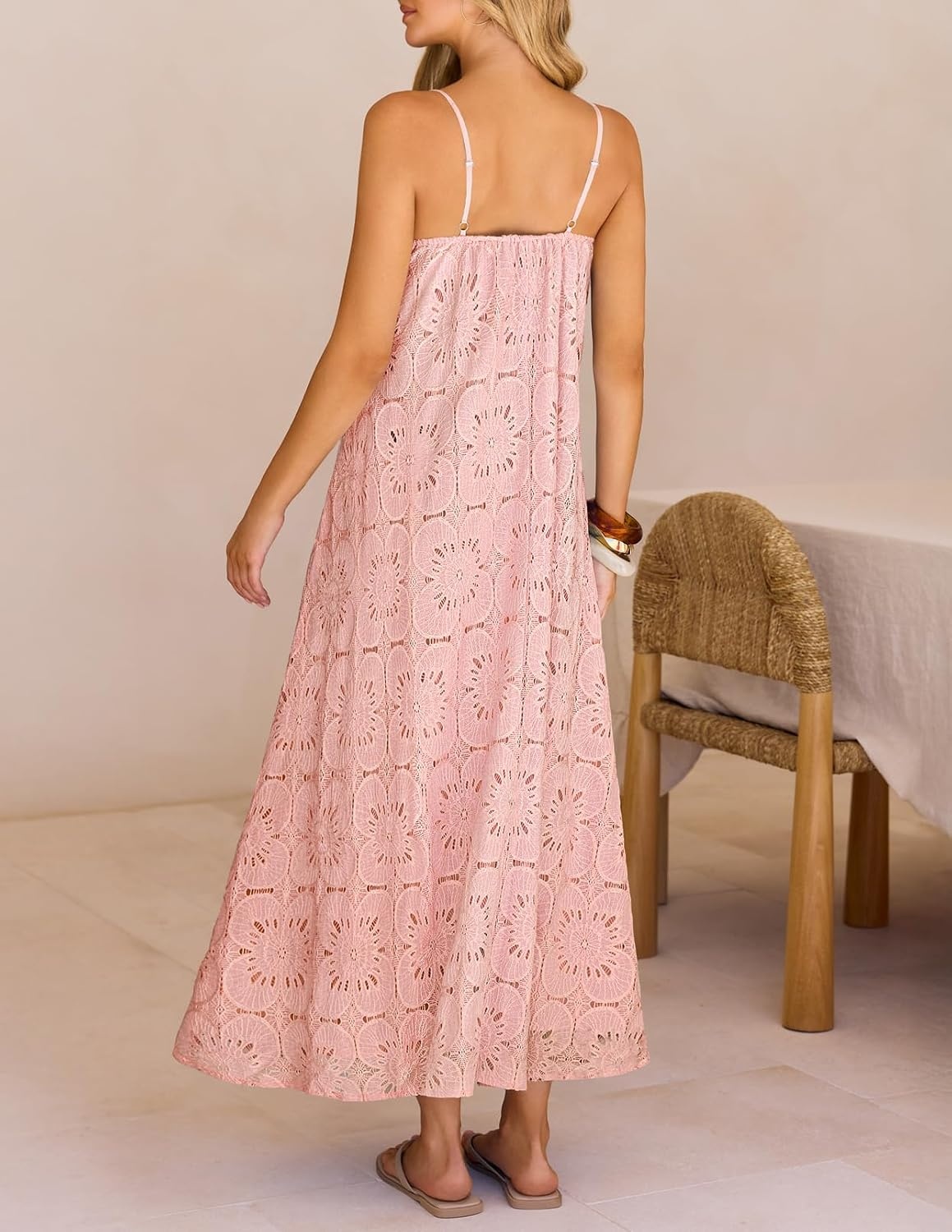 image:imageMEROKEETY Womens Summer Maxi Dress Boho Spaghetti Straps Sundress Sleeveless Casual Floral Lace Eyelet Fully Lined Flowy A Line Cute Trendy Long Dress for Beach Vacation TravelPink