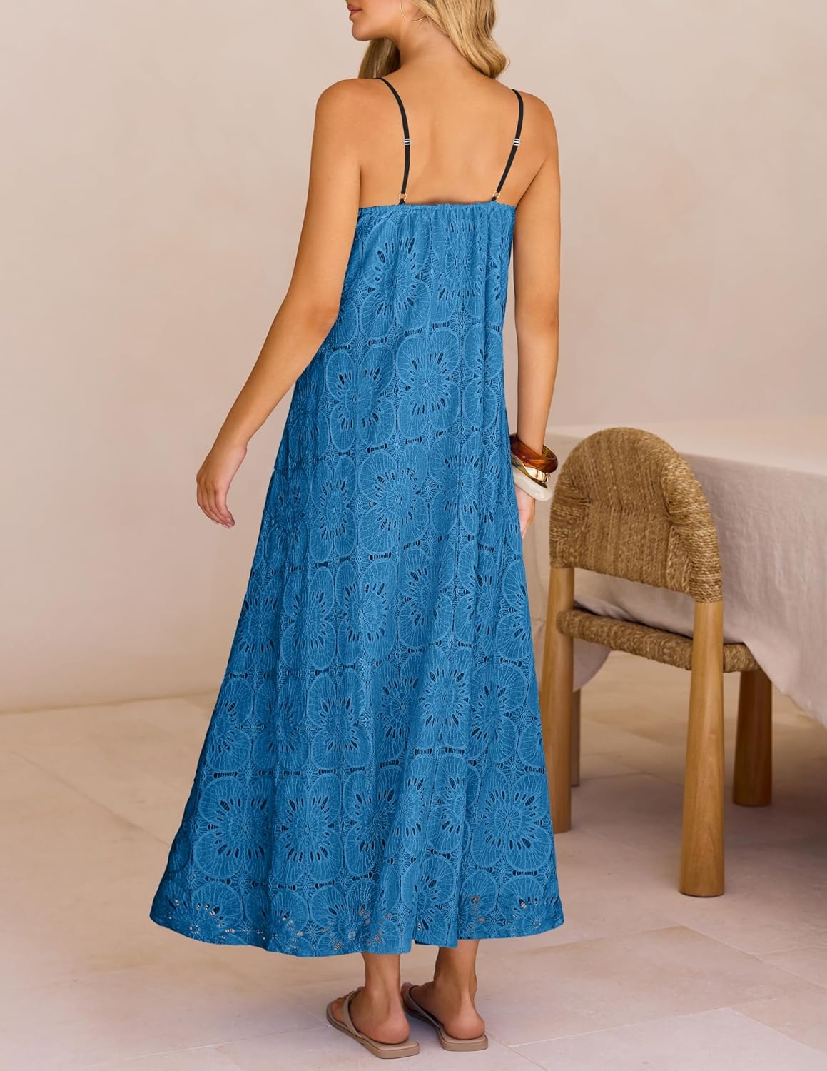 image:imageMEROKEETY Womens Summer Maxi Dress Boho Spaghetti Straps Sundress Sleeveless Casual Floral Lace Eyelet Fully Lined Flowy A Line Cute Trendy Long Dress for Beach Vacation TravelDustyblue