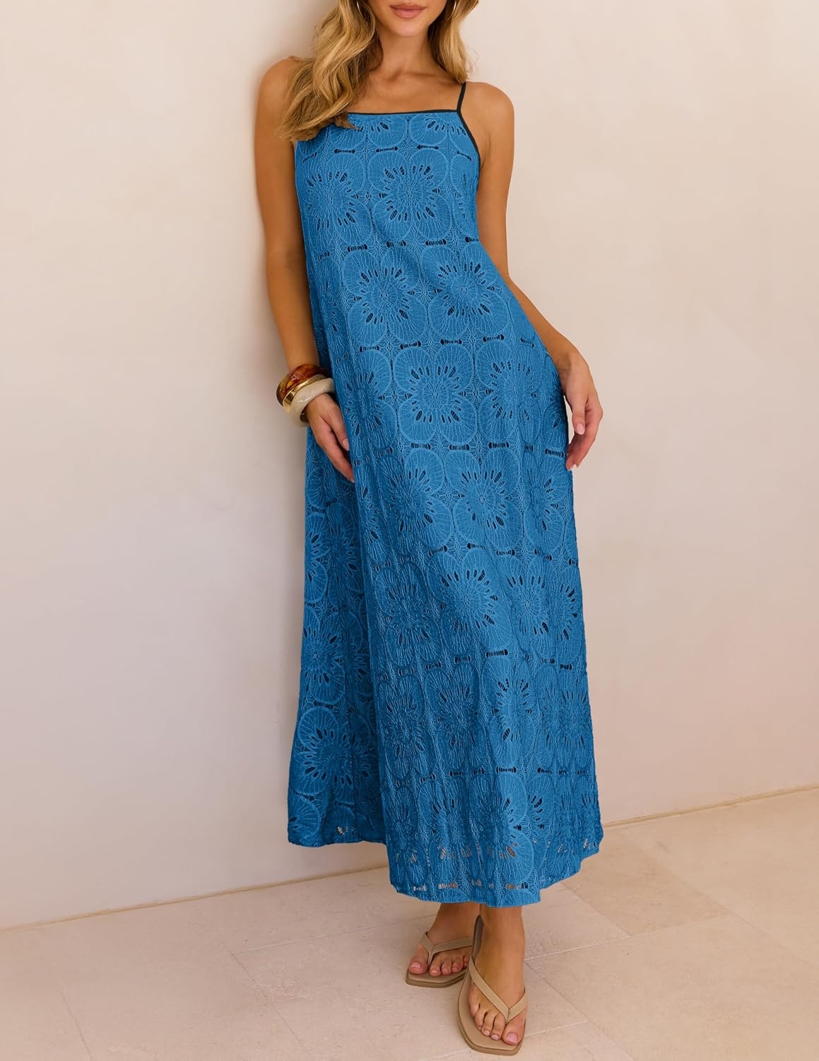 image:imageMEROKEETY Womens Summer Maxi Dress Boho Spaghetti Straps Sundress Sleeveless Casual Floral Lace Eyelet Fully Lined Flowy A Line Cute Trendy Long Dress for Beach Vacation TravelDustyblue
