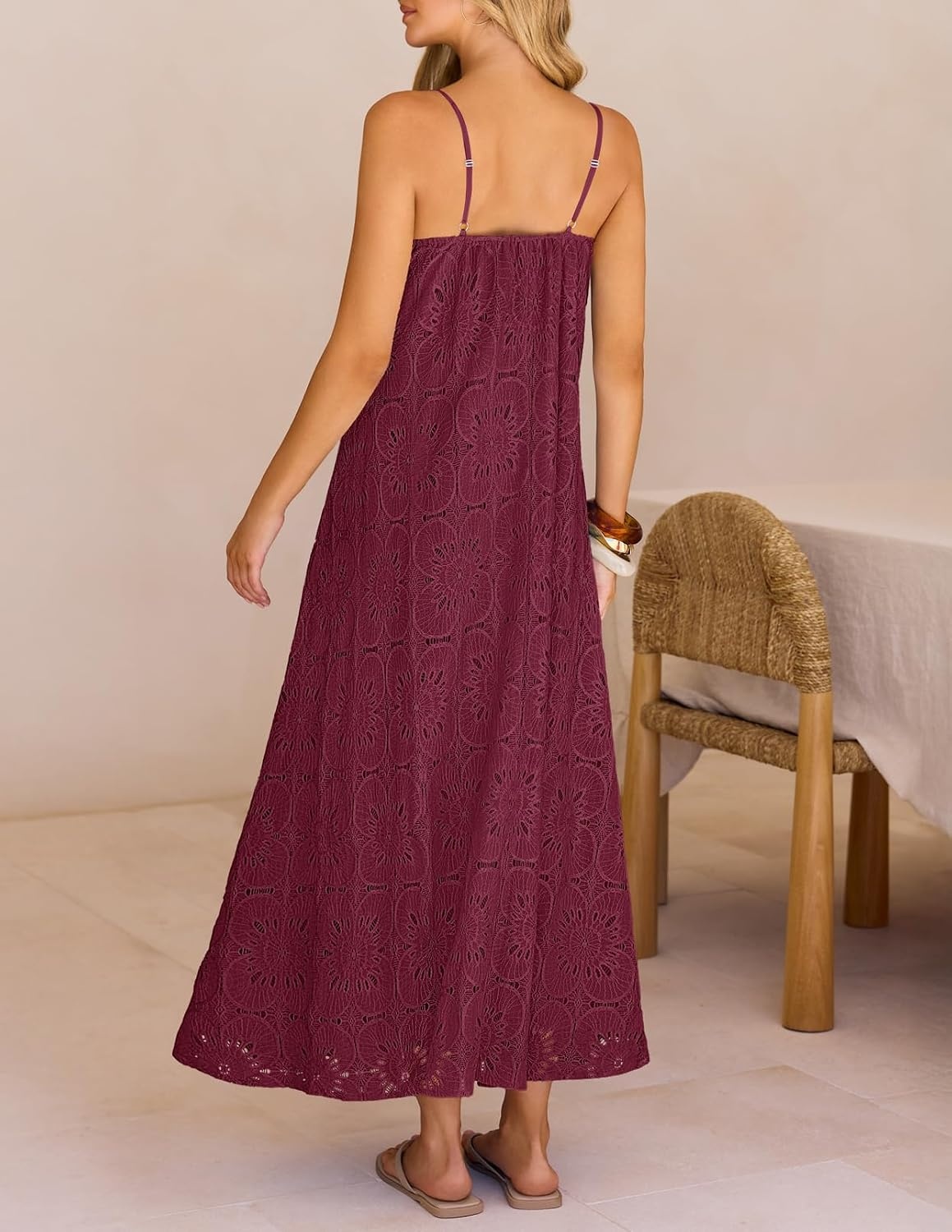 image:imageMEROKEETY Womens Summer Maxi Dress Boho Spaghetti Straps Sundress Sleeveless Casual Floral Lace Eyelet Fully Lined Flowy A Line Cute Trendy Long Dress for Beach Vacation TravelWine