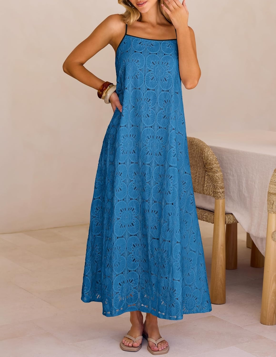 image:imageMEROKEETY Womens Summer Maxi Dress Boho Spaghetti Straps Sundress Sleeveless Casual Floral Lace Eyelet Fully Lined Flowy A Line Cute Trendy Long Dress for Beach Vacation TravelDustyblue