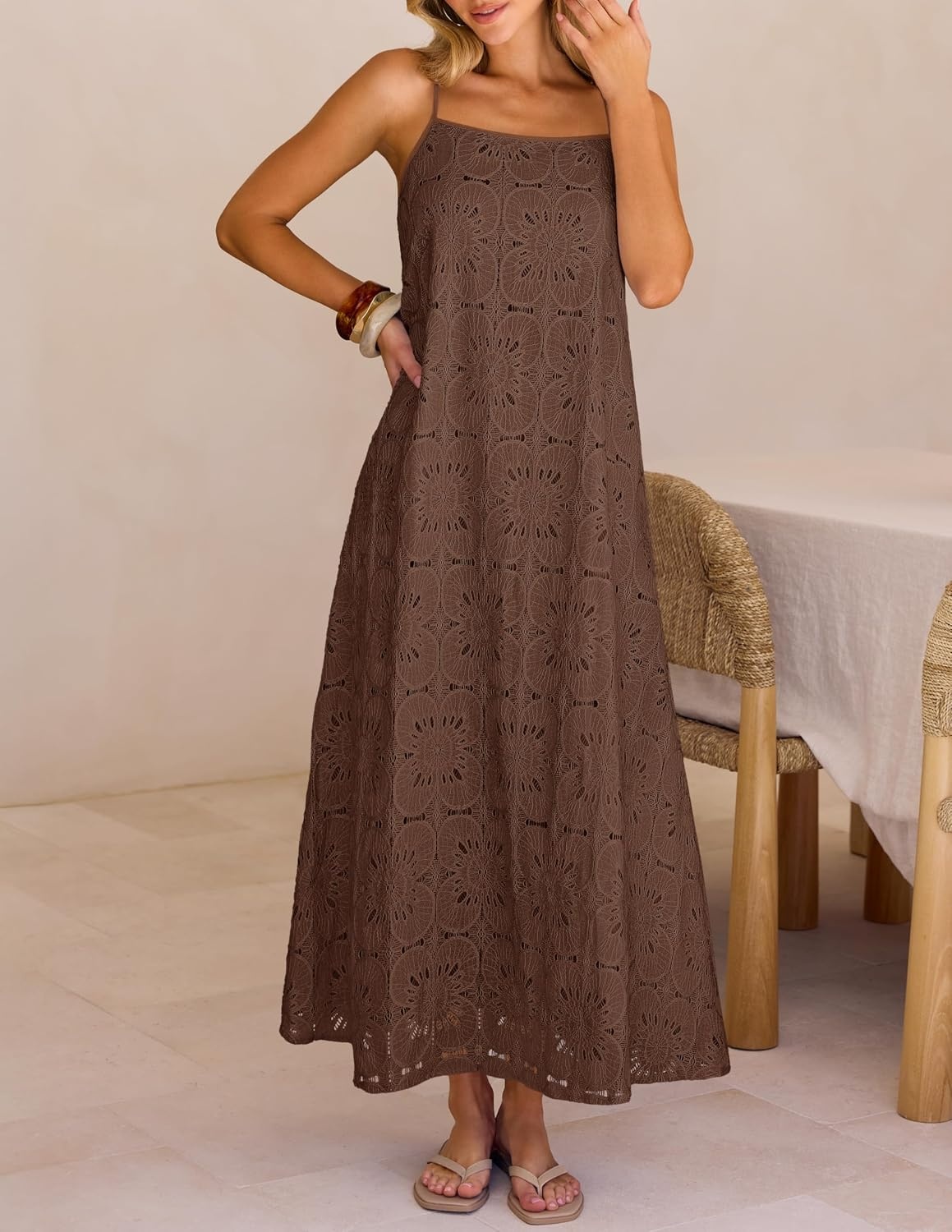 image:imageMEROKEETY Womens Summer Maxi Dress Boho Spaghetti Straps Sundress Sleeveless Casual Floral Lace Eyelet Fully Lined Flowy A Line Cute Trendy Long Dress for Beach Vacation TravelBrown