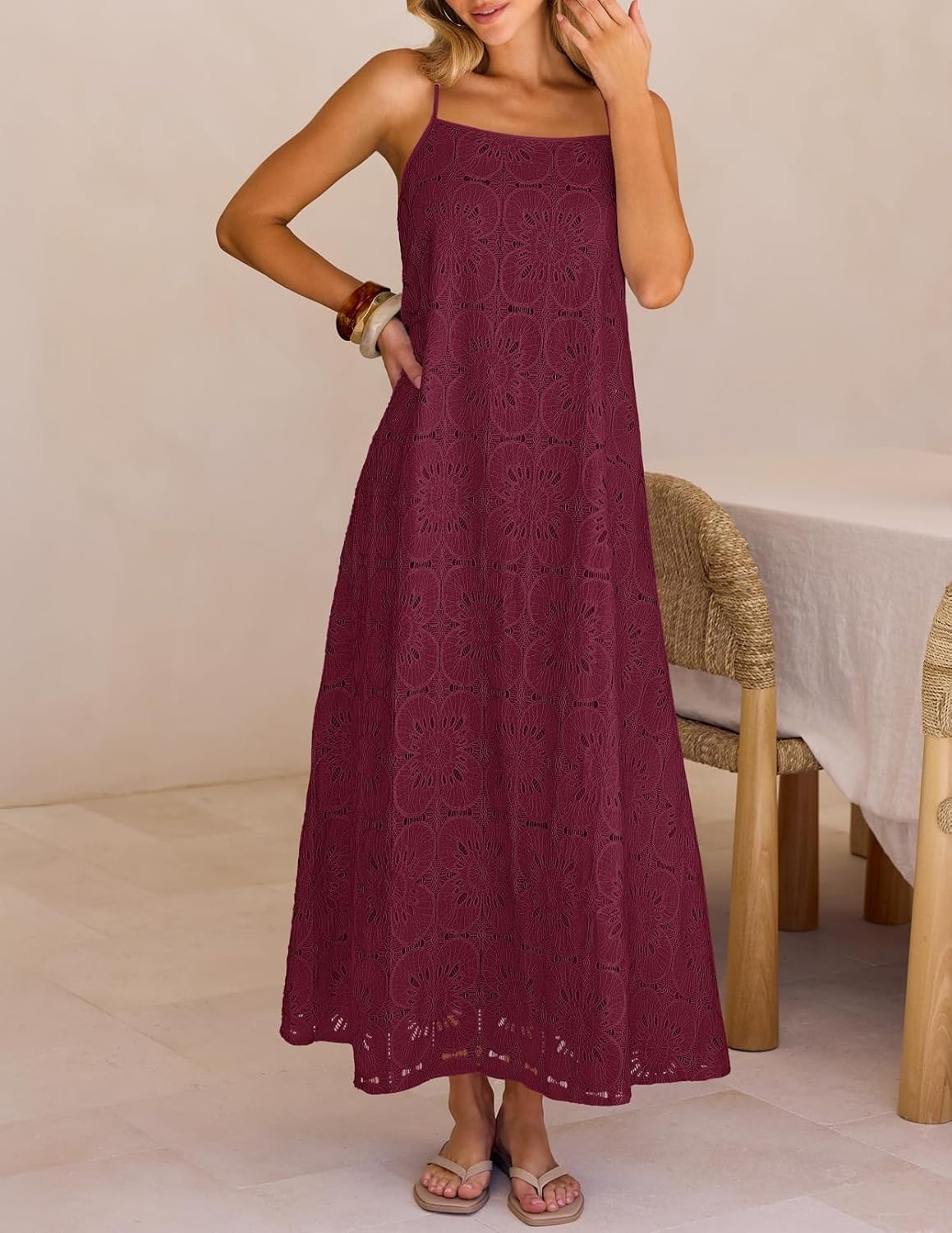 image:imageMEROKEETY Womens Summer Maxi Dress Boho Spaghetti Straps Sundress Sleeveless Casual Floral Lace Eyelet Fully Lined Flowy A Line Cute Trendy Long Dress for Beach Vacation TravelWine
