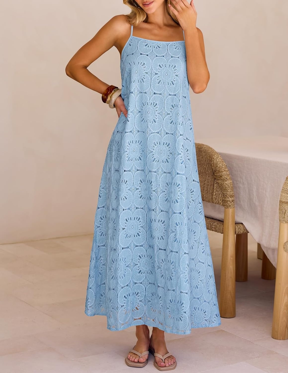 image:imageMEROKEETY Womens Summer Maxi Dress Boho Spaghetti Straps Sundress Sleeveless Casual Floral Lace Eyelet Fully Lined Flowy A Line Cute Trendy Long Dress for Beach Vacation TravelBlue