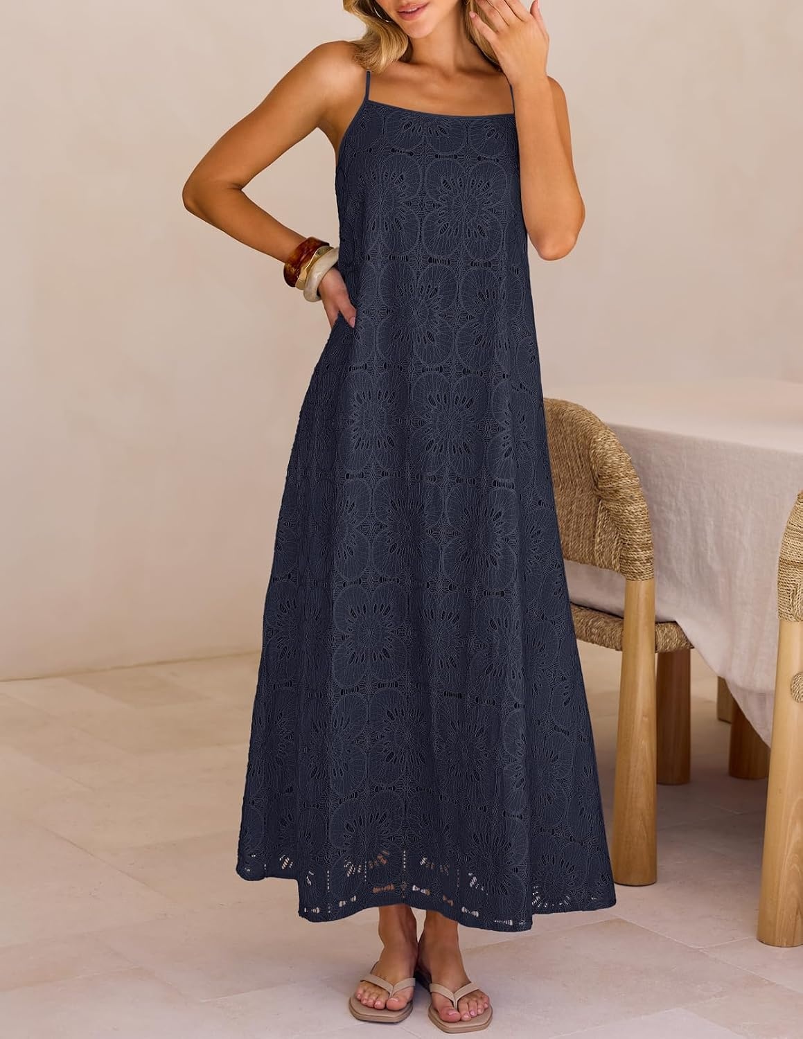 image:imageMEROKEETY Womens Summer Maxi Dress Boho Spaghetti Straps Sundress Sleeveless Casual Floral Lace Eyelet Fully Lined Flowy A Line Cute Trendy Long Dress for Beach Vacation TravelNavy