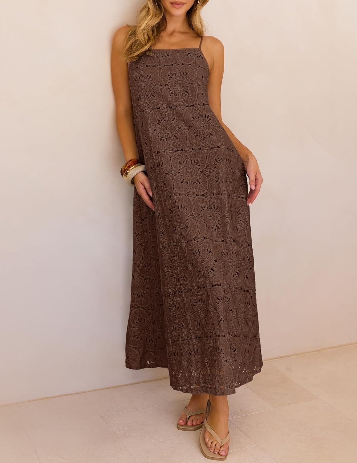 image:imageMEROKEETY Womens Summer Maxi Dress Boho Spaghetti Straps Sundress Sleeveless Casual Floral Lace Eyelet Fully Lined Flowy A Line Cute Trendy Long Dress for Beach Vacation TravelBrown