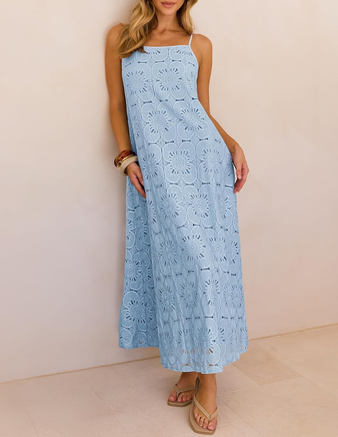 image:imageMEROKEETY Womens Summer Maxi Dress Boho Spaghetti Straps Sundress Sleeveless Casual Floral Lace Eyelet Fully Lined Flowy A Line Cute Trendy Long Dress for Beach Vacation TravelBlue