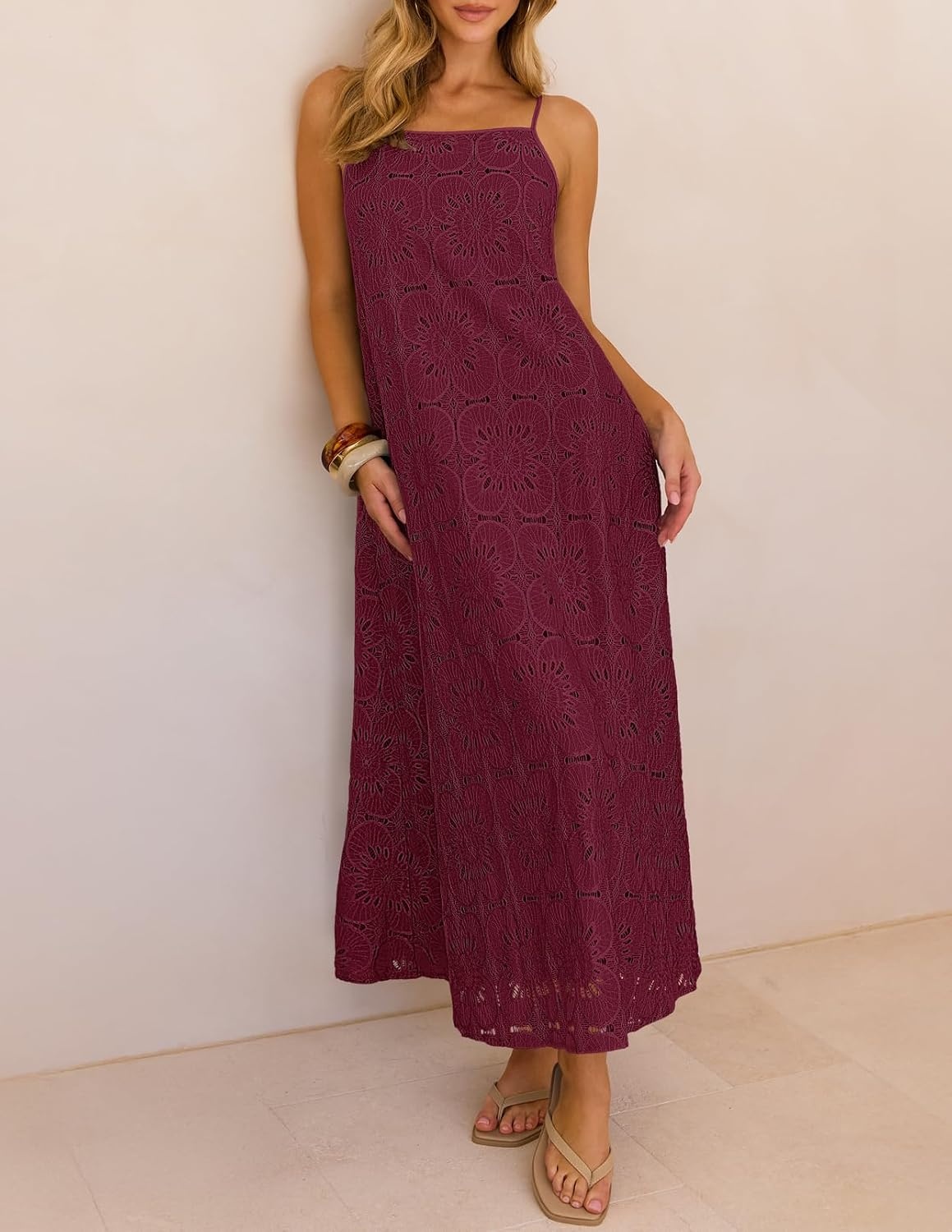 image:imageMEROKEETY Womens Summer Maxi Dress Boho Spaghetti Straps Sundress Sleeveless Casual Floral Lace Eyelet Fully Lined Flowy A Line Cute Trendy Long Dress for Beach Vacation TravelWine