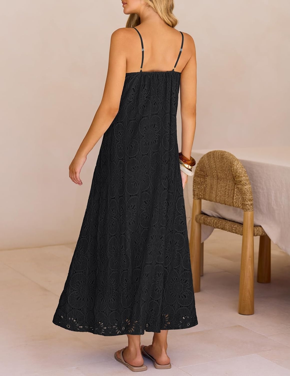image:imageMEROKEETY Womens Summer Maxi Dress Boho Spaghetti Straps Sundress Sleeveless Casual Floral Lace Eyelet Fully Lined Flowy A Line Cute Trendy Long Dress for Beach Vacation TravelBlack