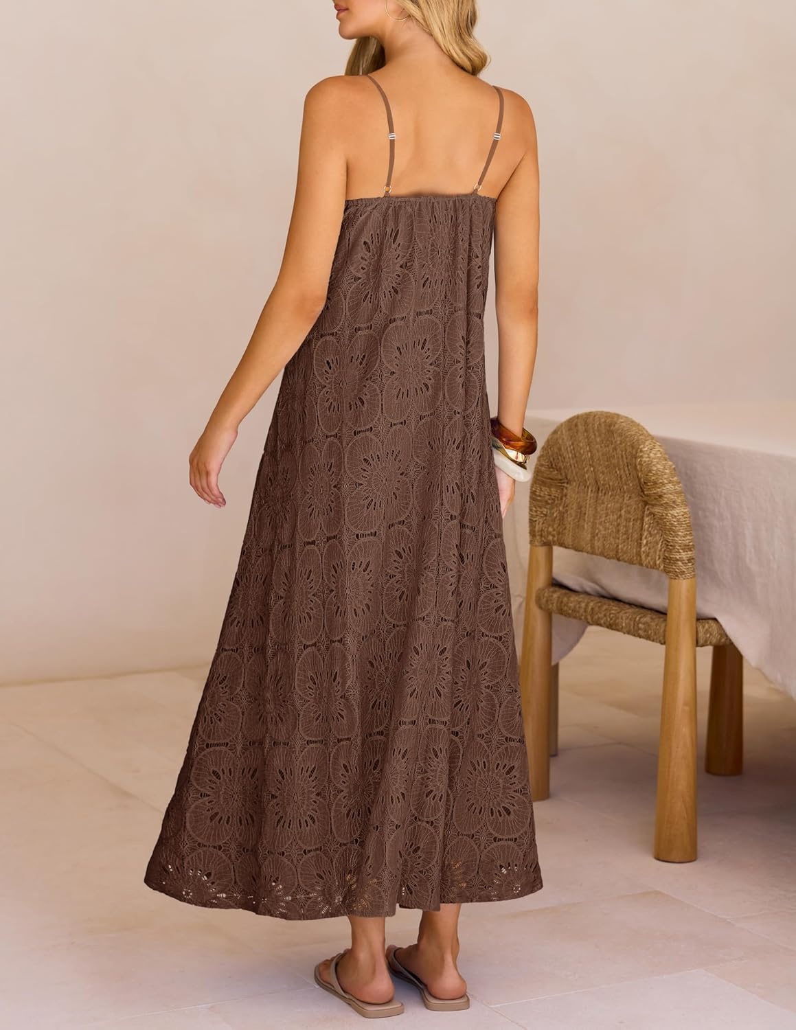 image:imageMEROKEETY Womens Summer Maxi Dress Boho Spaghetti Straps Sundress Sleeveless Casual Floral Lace Eyelet Fully Lined Flowy A Line Cute Trendy Long Dress for Beach Vacation TravelBrown