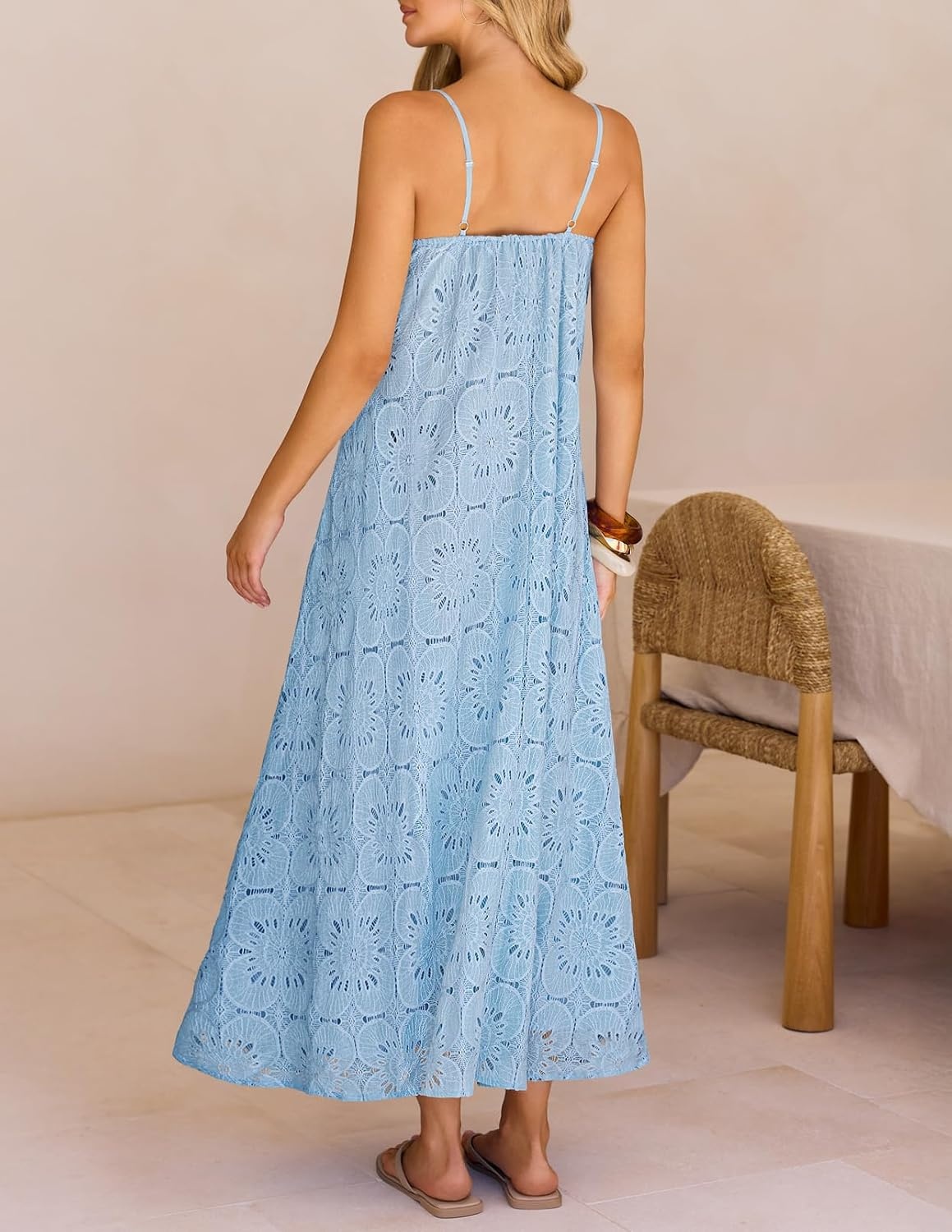 image:imageMEROKEETY Womens Summer Maxi Dress Boho Spaghetti Straps Sundress Sleeveless Casual Floral Lace Eyelet Fully Lined Flowy A Line Cute Trendy Long Dress for Beach Vacation TravelBlue