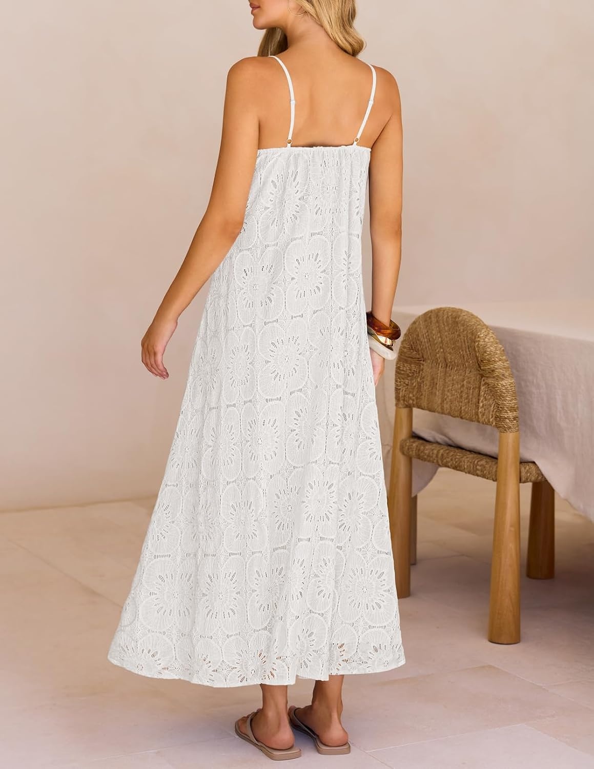 image:imageMEROKEETY Womens Summer Maxi Dress Boho Spaghetti Straps Sundress Sleeveless Casual Floral Lace Eyelet Fully Lined Flowy A Line Cute Trendy Long Dress for Beach Vacation TravelWhite