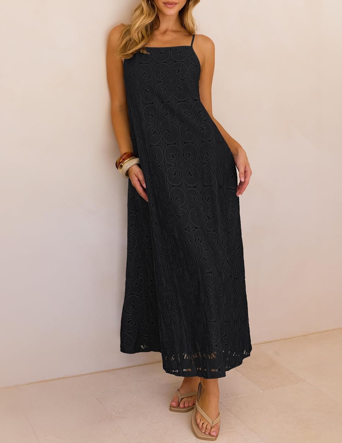 image:imageMEROKEETY Womens Summer Maxi Dress Boho Spaghetti Straps Sundress Sleeveless Casual Floral Lace Eyelet Fully Lined Flowy A Line Cute Trendy Long Dress for Beach Vacation TravelBlack