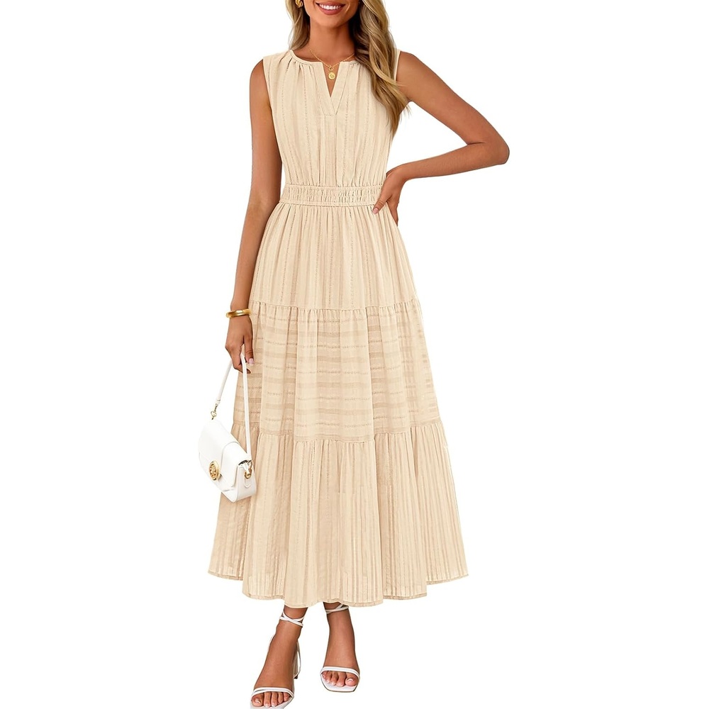 image:imageMEROKEETY Summer Casual Sleeveless V Neck Midi Maxi Cotton Dress Women 2026 Shirred Waist Eyelets Tiered Lined with Pockets Boho Semi Formal Modest Vacation Bridal Shower Church Long DressesApricot