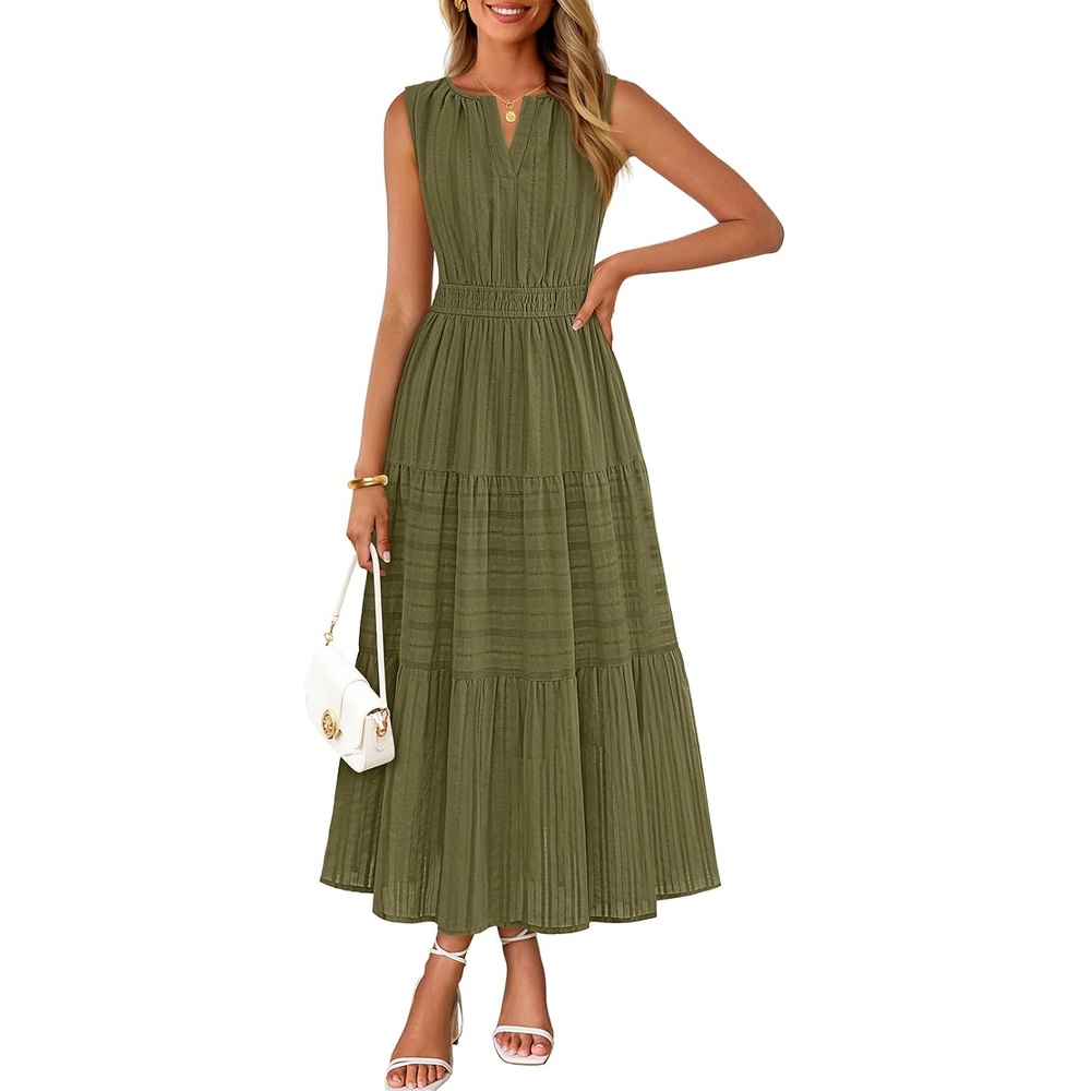 image:imageMEROKEETY Summer Casual Sleeveless V Neck Midi Maxi Cotton Dress Women 2026 Shirred Waist Eyelets Tiered Lined with Pockets Boho Semi Formal Modest Vacation Bridal Shower Church Long DressesArmygreen
