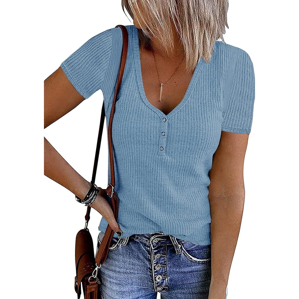 image:imageMEROKEETY Womens 2026 Summer Short Sleeve Tops Casual T Shirts V Neck Ribbed Knit Henley Button Down Trendy Fashion Basic Tee Shirts Blouses Going Out Outfits ClothesSkyblue
