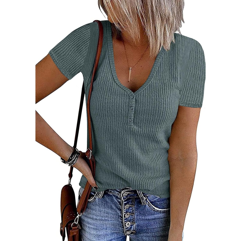 image:imageMEROKEETY Womens 2026 Summer Short Sleeve Tops Casual T Shirts V Neck Ribbed Knit Henley Button Down Trendy Fashion Basic Tee Shirts Blouses Going Out Outfits ClothesBlue