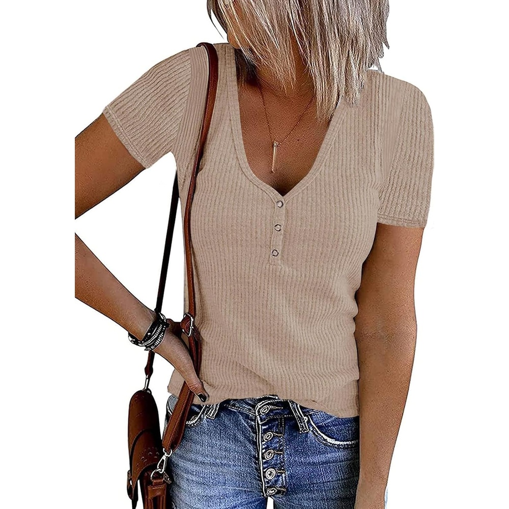 image:imageMEROKEETY Womens 2026 Summer Short Sleeve Tops Casual T Shirts V Neck Ribbed Knit Henley Button Down Trendy Fashion Basic Tee Shirts Blouses Going Out Outfits ClothesAlmond