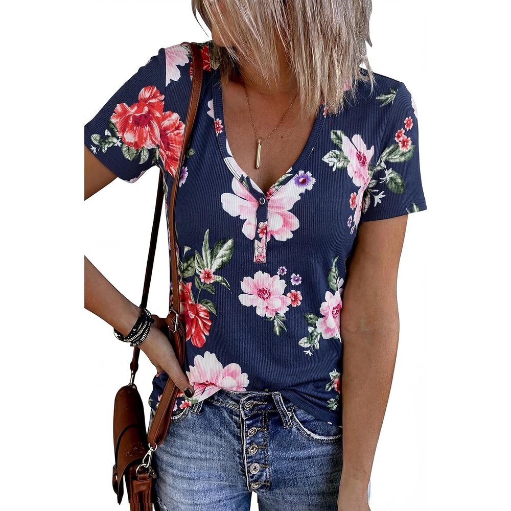 image:imageMEROKEETY Womens 2026 Summer Short Sleeve Tops Casual T Shirts  V Neck Ribbed Knit Henley Button Down Trendy Fashion Basic Tee Shirts Blouses Going Out Outfits ClothesNavyfloral