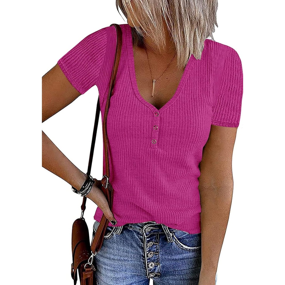 image:imageMEROKEETY Womens 2026 Summer Short Sleeve Tops Casual T Shirts  V Neck Ribbed Knit Henley Button Down Trendy Fashion Basic Tee Shirts Blouses Going Out Outfits ClothesHot Pink