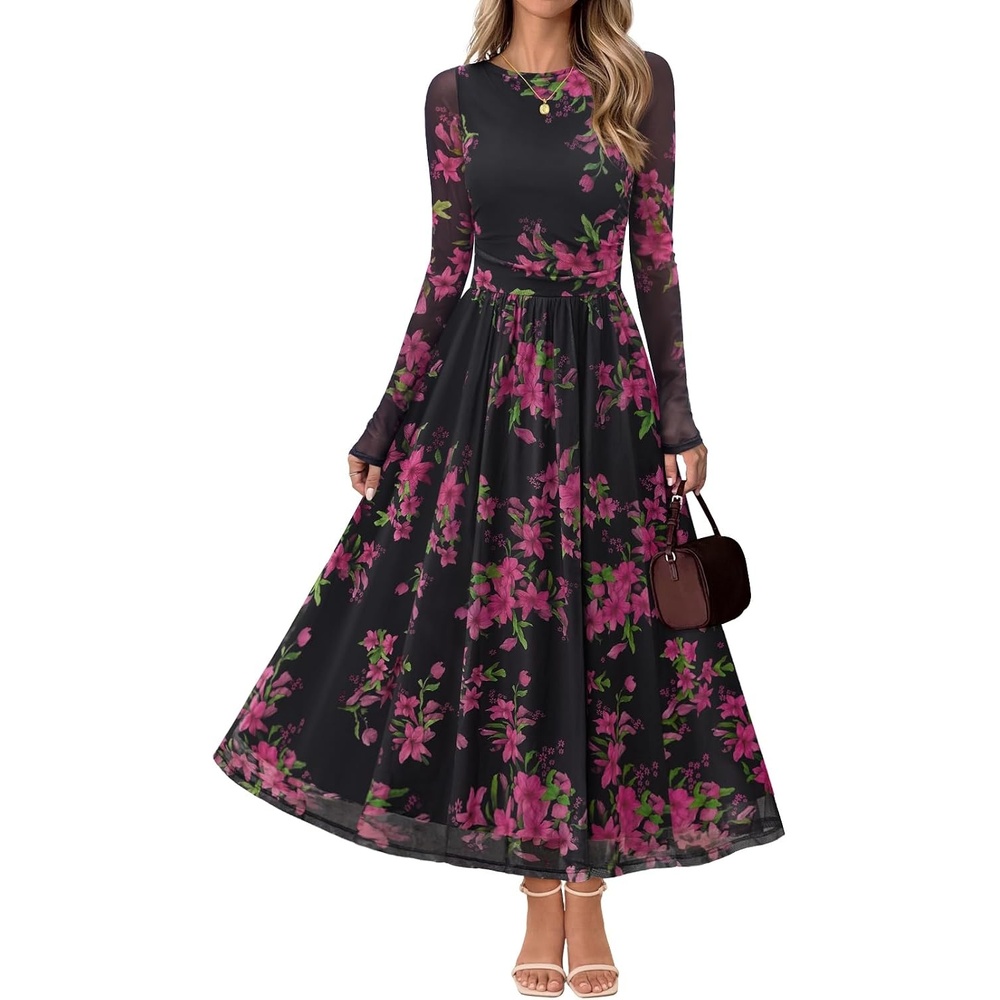 image:imageMEROKEETY Womens Fall Wedding Guest Cocktail Long Sleeve Floral Maxi Dress  2026 Winter Crewneck High Waist A Line Flowy Pleated Lined Party Baby Shower Elegant Formal Long Dress with PocketsBlack