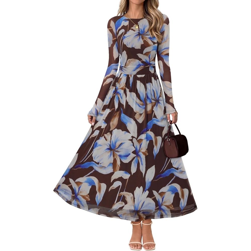 image:imageMEROKEETY Womens Fall Wedding Guest Cocktail Long Sleeve Floral Maxi Dress  2026 Winter Crewneck High Waist A Line Flowy Pleated Lined Party Baby Shower Elegant Formal Long Dress with PocketsBurgundy