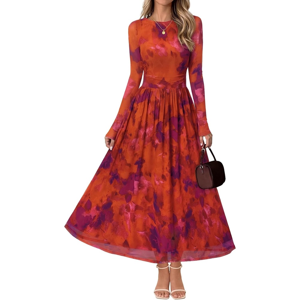 image:imageMEROKEETY Womens Fall Wedding Guest Cocktail Long Sleeve Floral Maxi Dress 2026 Winter Crewneck High Waist A Line Flowy Pleated Lined Party Baby Shower Elegant Formal Long Dress with PocketsRed