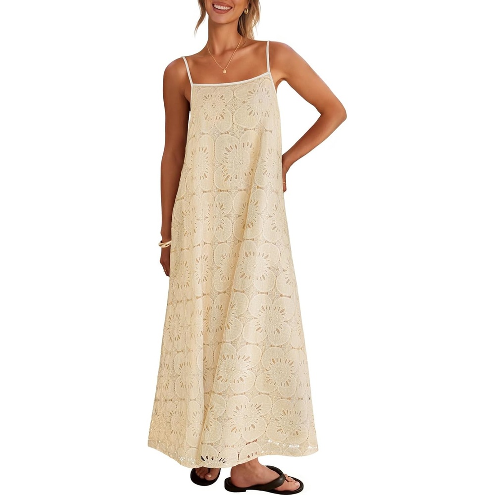 image:imageMEROKEETY Womens Summer Maxi Dress Boho Spaghetti Straps Sundress Sleeveless Casual Floral Lace Eyelet Fully Lined Flowy A Line Cute Trendy Long Dress for Beach Vacation TravelApricot