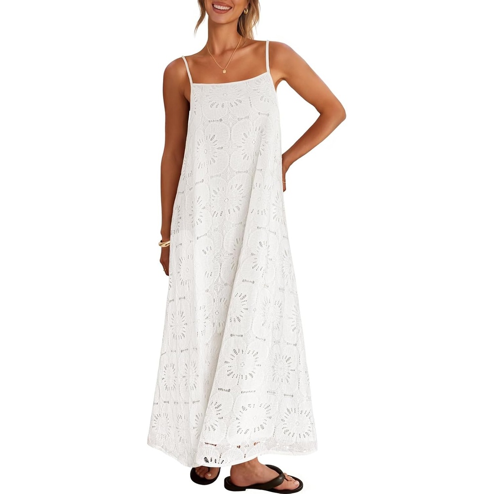 image:imageMEROKEETY Womens Summer Maxi Dress Boho Spaghetti Straps Sundress Sleeveless Casual Floral Lace Eyelet Fully Lined Flowy A Line Cute Trendy Long Dress for Beach Vacation TravelWhite