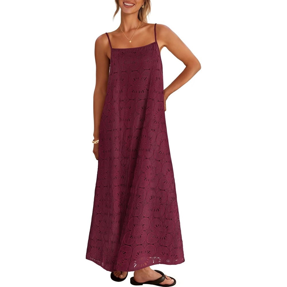 image:imageMEROKEETY Womens Summer Maxi Dress Boho Spaghetti Straps Sundress Sleeveless Casual Floral Lace Eyelet Fully Lined Flowy A Line Cute Trendy Long Dress for Beach Vacation TravelWine