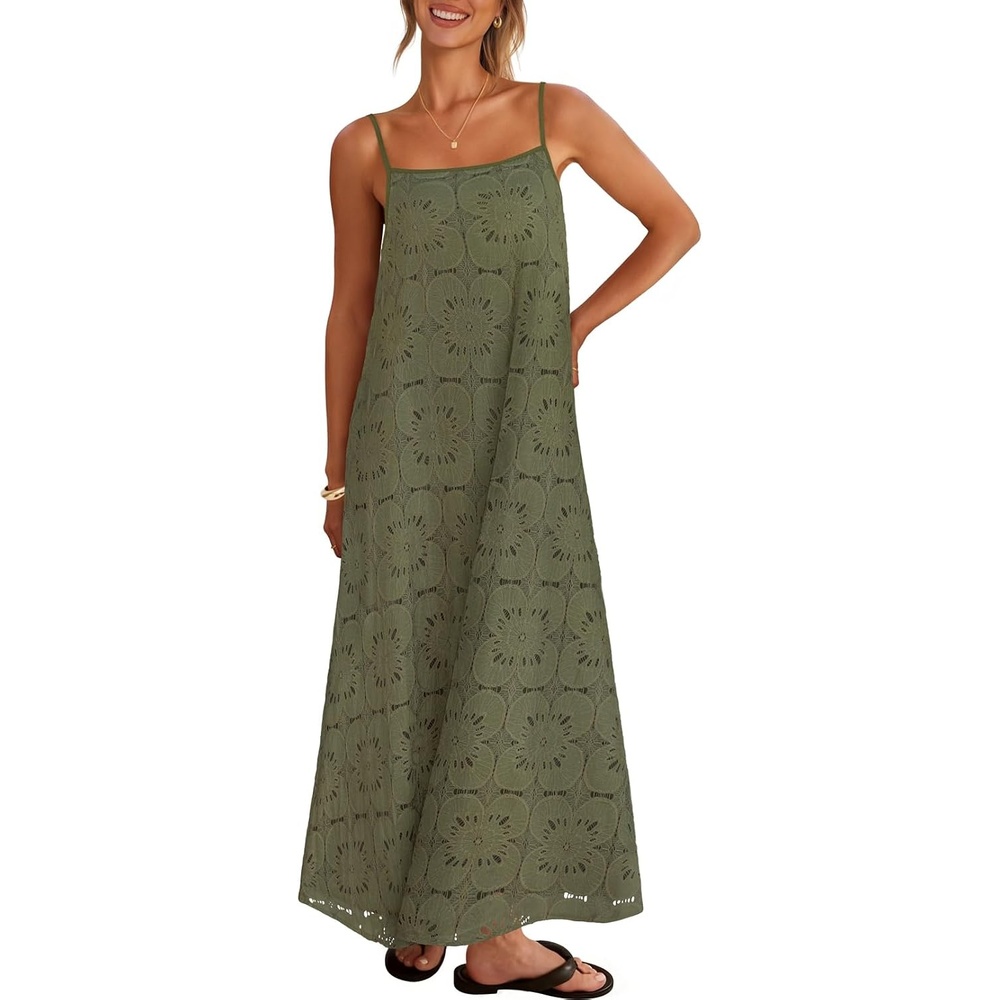 image:imageMEROKEETY Womens Summer Maxi Dress Boho Spaghetti Straps Sundress Sleeveless Casual Floral Lace Eyelet Fully Lined Flowy A Line Cute Trendy Long Dress for Beach Vacation TravelArmy