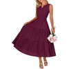MEROKEETY Summer Casual Sleeveless V Neck Midi Maxi Cotton Dress Women 2026 | Shirred Waist, Eyelets, Tiered, Lined, with Pockets, Boho, Semi Formal, Modest, Vacation, Bridal Shower, Church, Long Dresses(Wine)