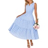 MEROKEETY Summer Casual Sleeveless V Neck Midi Maxi Cotton Dress Women 2026 | Shirred Waist, Eyelets, Tiered, Lined, with Pockets, Boho, Semi Formal, Modest, Vacation, Bridal Shower, Church, Long Dresses(Bluegingham)