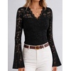 MEROKEETY Women Fall Lace Long Bell Sleeve Blouse V Neck Dressy Shirt Tops | 2026 Trendy, Fitted, Floral Jacquard, Mesh, Sheer Sleeves, Torso‑lined, Business Casual, Fashion Outfit, Winter Clothes(Black)
