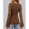 MEROKEETY Women Fall Lace Long Bell Sleeve Blouse V Neck Dressy Shirt Tops | 2026 Trendy, Fitted, Floral Jacquard, Mesh, Sheer Sleeves, Torso‑lined, Business Casual, Fashion Outfit, Winter Clothes(Brown)