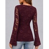 MEROKEETY Women Fall Lace Long Bell Sleeve Blouse V Neck Dressy Shirt Tops | 2026 Trendy, Fitted, Floral Jacquard, Mesh, Sheer Sleeves, Torso‑lined, Business Casual, Fashion Outfit, Winter Clothes(Burgundy)