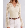 MEROKEETY Women Fall Lace Long Bell Sleeve Blouse V Neck Dressy Shirt Tops | 2026 Trendy, Fitted, Floral Jacquard, Mesh, Sheer Sleeves, Torso‑lined, Business Casual, Fashion Outfit, Winter Clothes(Beige)