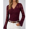 MEROKEETY Women Fall Lace Long Bell Sleeve Blouse V Neck Dressy Shirt Tops | 2026 Trendy, Fitted, Floral Jacquard, Mesh, Sheer Sleeves, Torso‑lined, Business Casual, Fashion Outfit, Winter Clothes(Burgundy)
