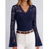 MEROKEETY Women Fall Lace Long Bell Sleeve Blouse V Neck Dressy Shirt Tops | 2026 Trendy, Fitted, Floral Jacquard, Mesh, Sheer Sleeves, Torso‑lined, Business Casual, Fashion Outfit, Winter Clothes(Navy)