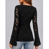MEROKEETY Women Fall Lace Long Bell Sleeve Blouse V Neck Dressy Shirt Tops | 2026 Trendy, Fitted, Floral Jacquard, Mesh, Sheer Sleeves, Torso‑lined, Business Casual, Fashion Outfit, Winter Clothes(Black)