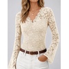 MEROKEETY Women Fall Lace Long Bell Sleeve Blouse V Neck Dressy Shirt Tops | 2026 Trendy, Fitted, Floral Jacquard, Mesh, Sheer Sleeves, Torso‑lined, Business Casual, Fashion Outfit, Winter Clothes(Beige)